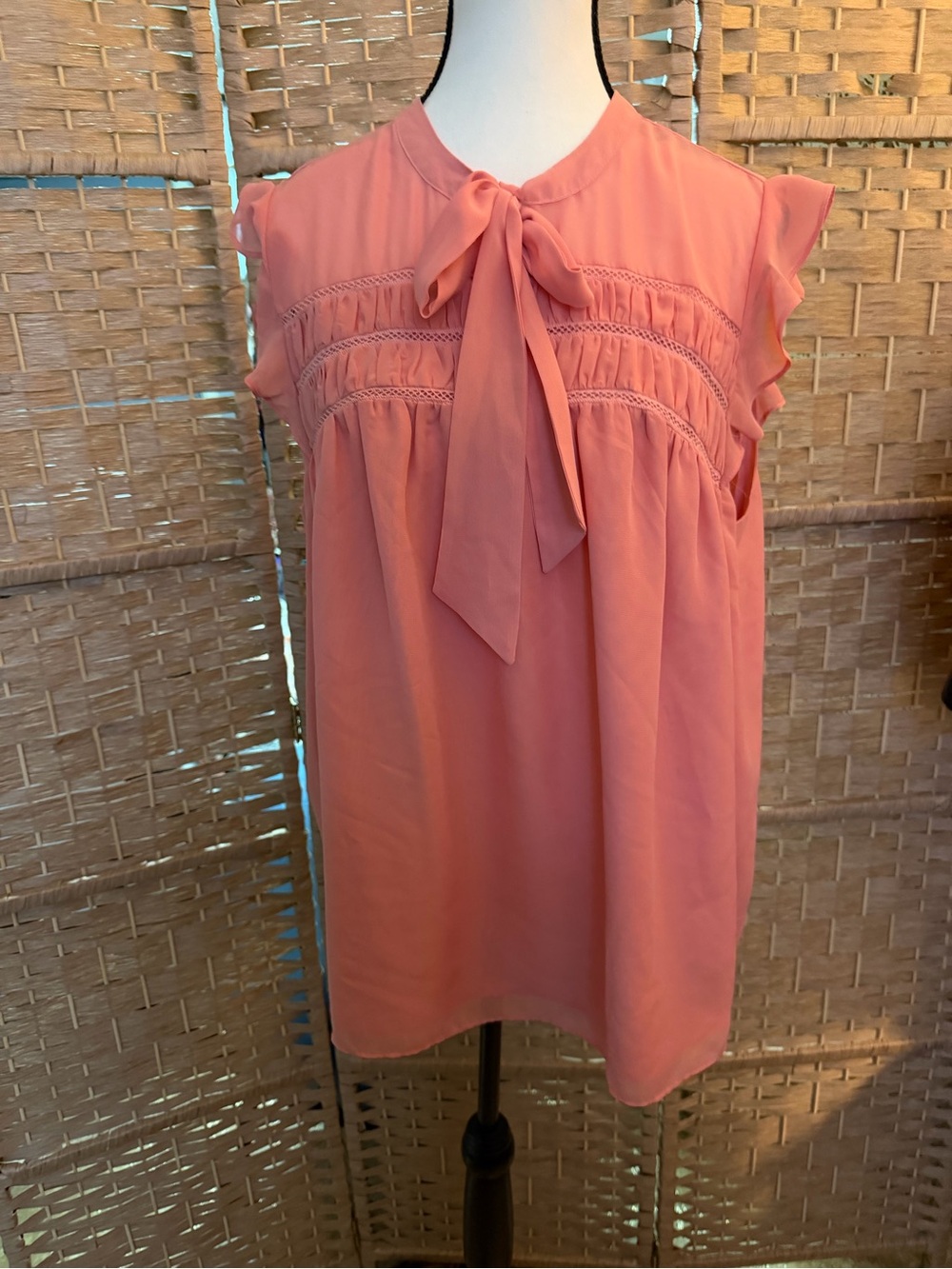 Angie Coral Tie-Neck Ruffle Sleeve Top